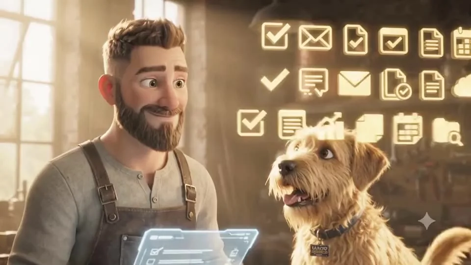 Still from our animated clip: a bearded maker and the shop mascot, a scruffy golden dog, in a sunny workshop with task icons glowing