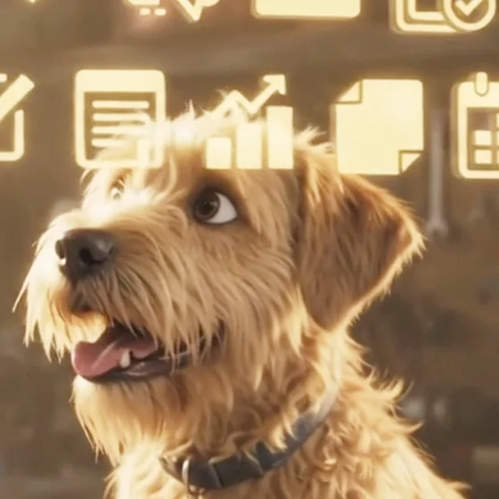 PackForge mascot, a scruffy golden dog looking up happily