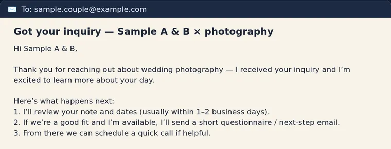 Preview: the confirmation email a couple receives, with placeholder names