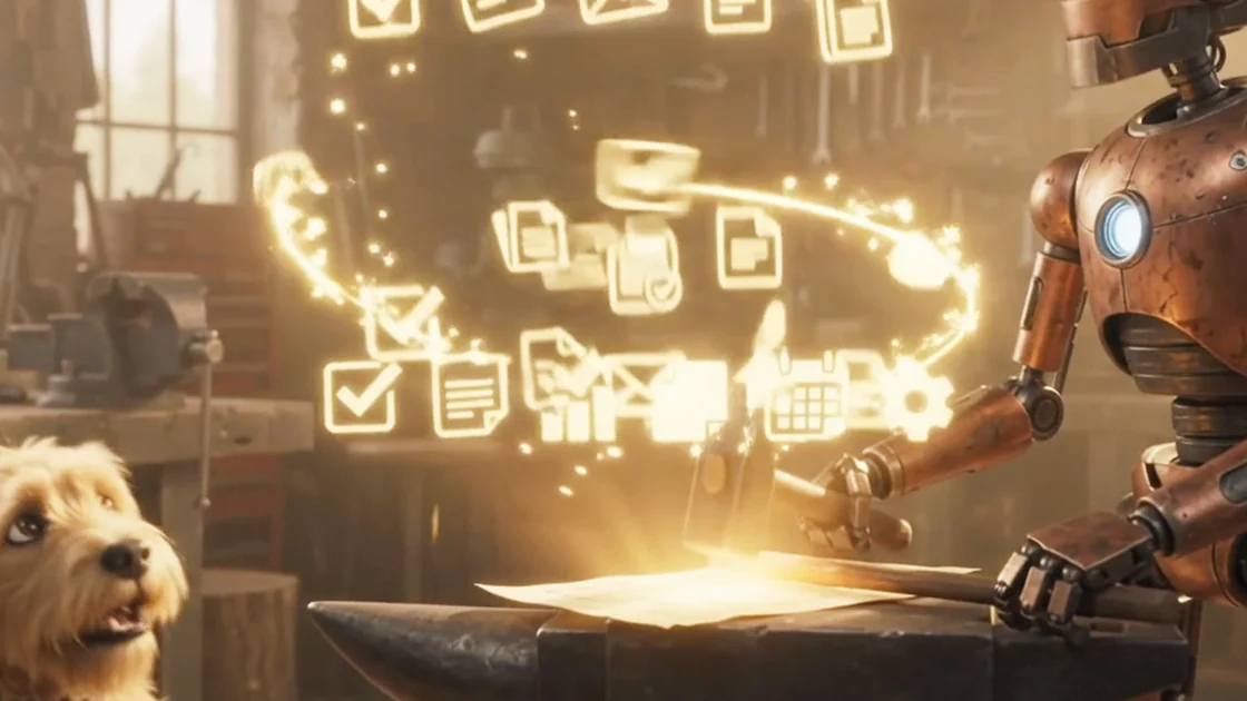 Still from an animated clip: the scruffy golden PackForge dog watches a copper robot at an anvil as checklist, email, and calendar icons light up