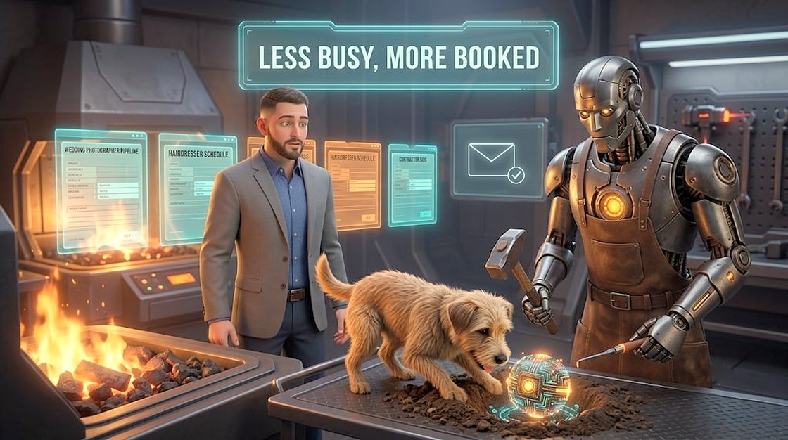 PackForge workshop: forms flowing into client pipelines, with the shop dog and robot helper. Less busy, more booked.